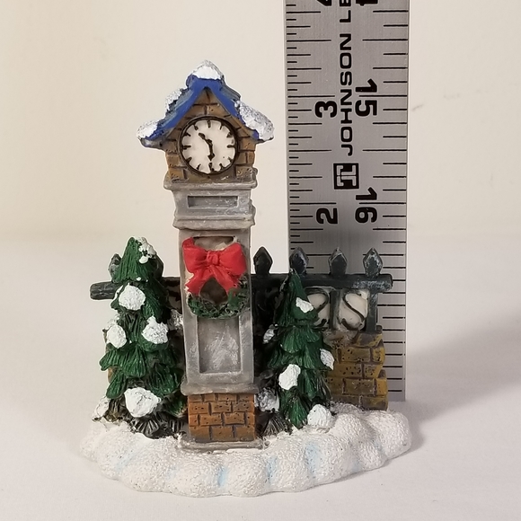 Christmas Village Town Clock Porcelain Accessory by Brick Wall & Pine Trees - Picture 8 of 8